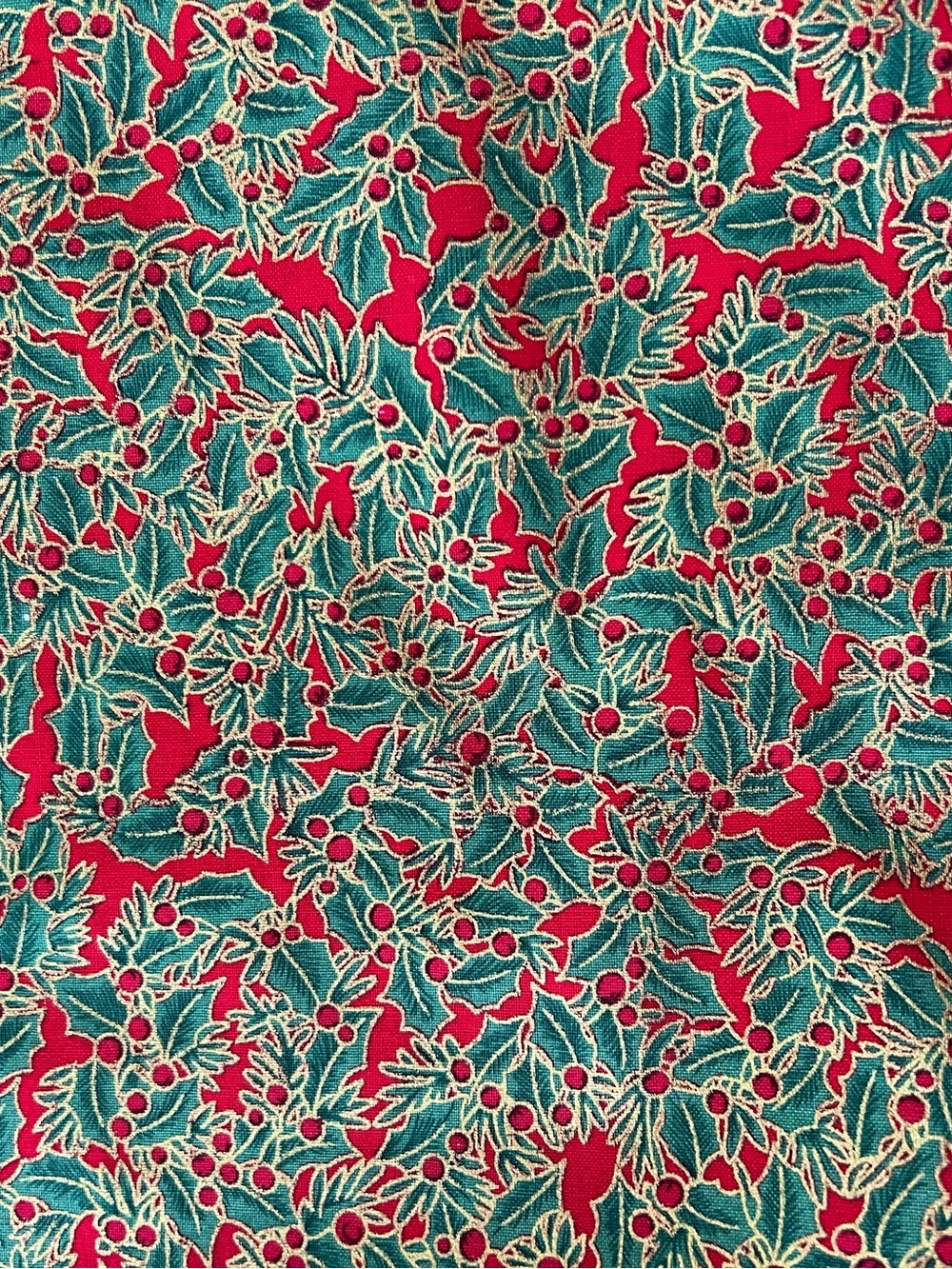 David Textiles Christmas Fabric Holly Berries Metallic Gold Red Green 3 Yards